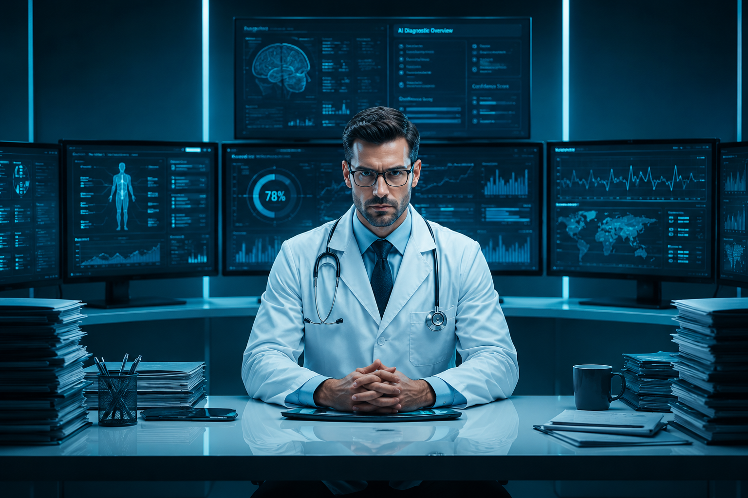 Doctor at dashboard desk